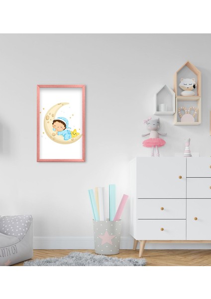 Gift Sevimli Çocuk Tasarımlı Dekoratif Pembe Ahşap Çerçeveli Çocuk Odası Tablo-1