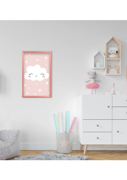 Gift Sevimli Bulut Tasarımlı Dekoratif Pembe Ahşap Çerçeveli Çocuk Odası Tablo-1