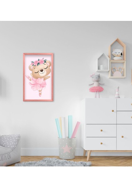 Gift Sevimli Ayıcık Tasarımlı Dekoratif Pembe Ahşap Çerçeveli Çocuk Odası Tablo-2