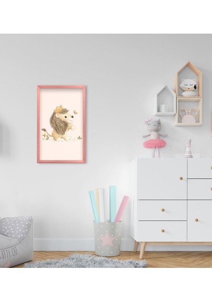 Gift Sevimli Aslan Tasarımlı Dekoratif Pembe Ahşap Çerçeveli Çocuk Odası Tablo-2
