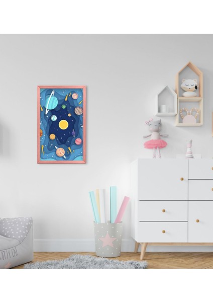 Gift Galaksi Tasarımlı Dekoratif Pembe Ahşap Çerçeveli Çocuk Odası Tablo-1