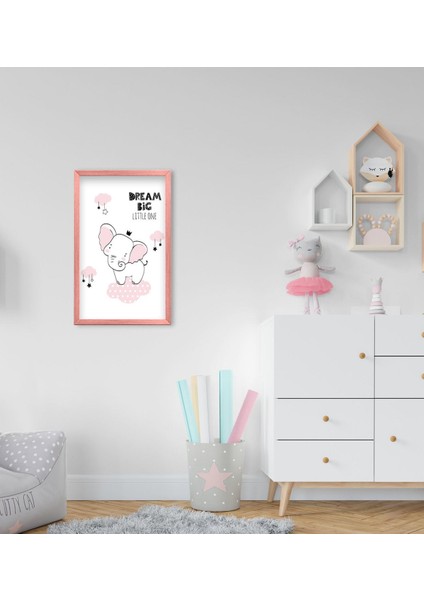 Gift Dream Big Little One Tasarımlı Dekoratif Pembe Ahşap Çerçeveli Çocuk Odası Tablo-1