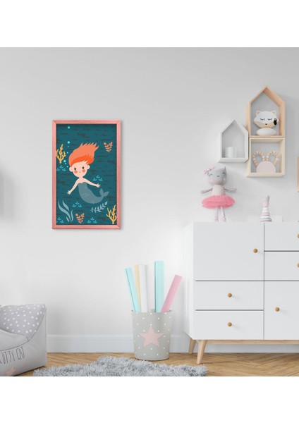 Gift Deniz Kızı Tasarımlı Dekoratif Pembe Ahşap Çerçeveli Çocuk Odası Tablo-1
