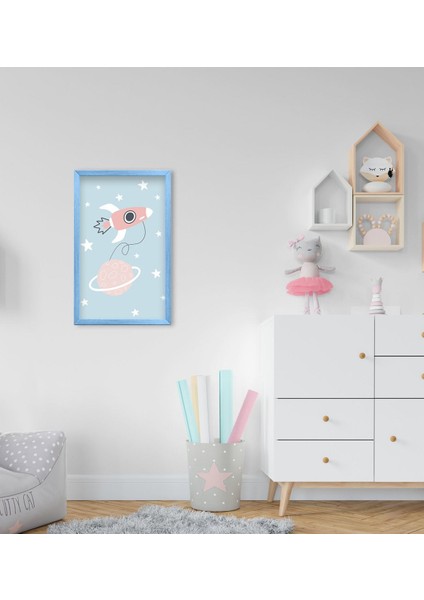 Gift Uzay Aracı Tasarımlı Dekoratif Mavi Ahşap Çerçeveli Çocuk Odası Tablo-1