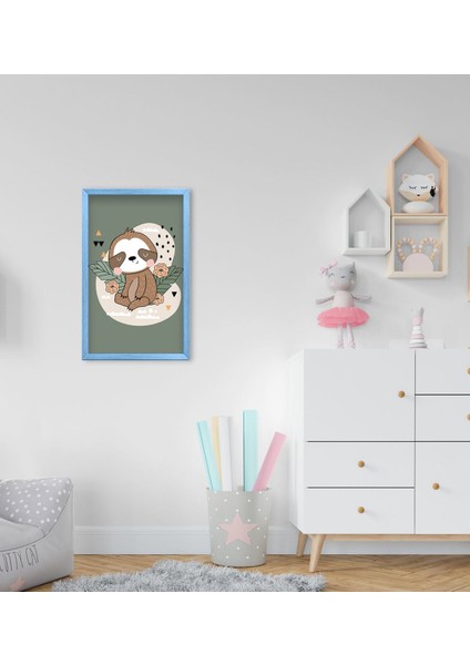 Gift Tembel Hayvan Tasarımlı Dekoratif Mavi Ahşap Çerçeveli Çocuk Odası Tablo-1