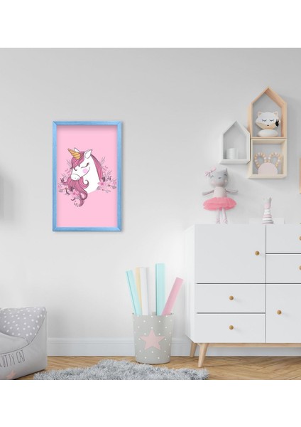 Gift Unicorn Tasarımlı Dekoratif Mavi Ahşap Çerçeveli Çocuk Odası Tablo-3