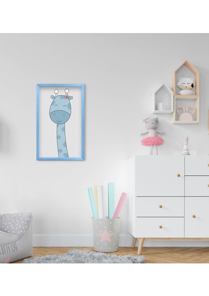 Gift Tatlı Zürafa Tasarımlı Dekoratif Mavi Ahşap Çerçeveli Çocuk Odası Tablo-1