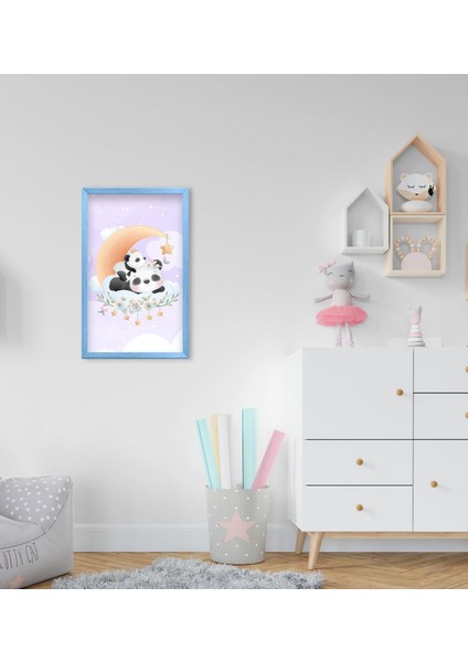 Gift Tatlı Pandalar Tasarımlı Dekoratif Mavi Ahşap Çerçeveli Çocuk Odası Tablo-1