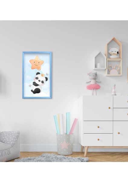 Gift Tatlı Panda Tasarımlı Dekoratif Mavi Ahşap Çerçeveli Çocuk Odası Tablo-1