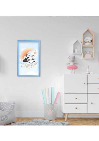 Gift Tatlı Pandalar Tasarımlı Dekoratif Mavi Ahşap Çerçeveli Çocuk Odası Tablo-1