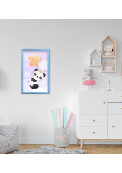 Gift Tatlı Panda Tasarımlı Dekoratif Mavi Ahşap Çerçeveli Çocuk Odası Tablo-1