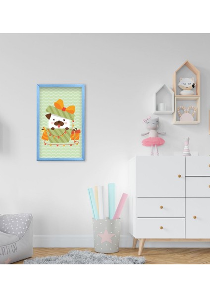 Gift Tatlı Köpek Tasarımlı Dekoratif Mavi Ahşap Çerçeveli Çocuk Odası Tablo-1