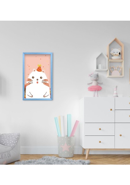 Gift Tatlı Kedi Tasarımlı Dekoratif Mavi Ahşap Çerçeveli Çocuk Odası Tablo-1