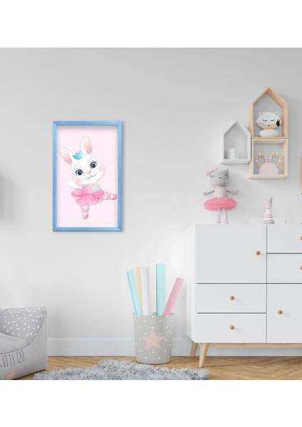 Gift Sevimli Tavşan Tasarımlı Dekoratif Mavi Ahşap Çerçeveli Çocuk Odası Tablo-3