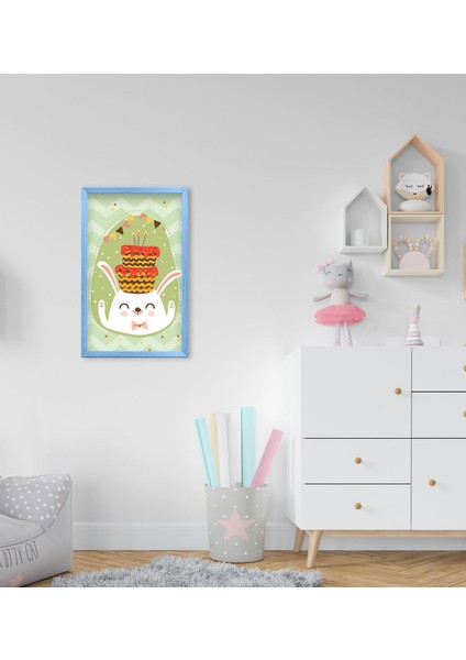 Gift Sevimli Tavşan Tasarımlı Dekoratif Mavi Ahşap Çerçeveli Çocuk Odası Tablo-1