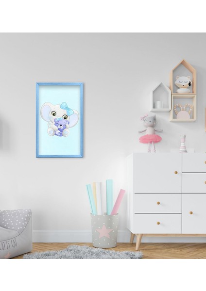 Gift Sevimli Fil Tasarımlı Dekoratif Mavi Ahşap Çerçeveli Çocuk Odası Tablo-3