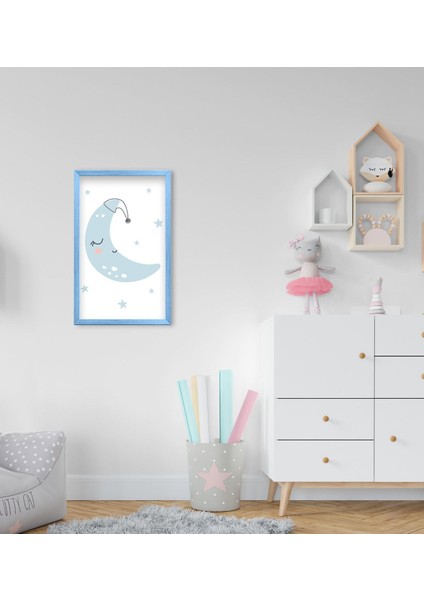Gift Sevimli Ay Tasarımlı Dekoratif Mavi Ahşap Çerçeveli Çocuk Odası Tablo-2
