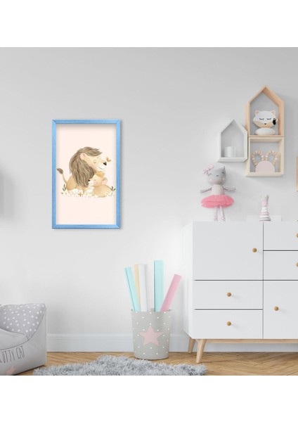 Gift Sevimli Aslanlar Tasarımlı Dekoratif Mavi Ahşap Çerçeveli Çocuk Odası Tablo-1