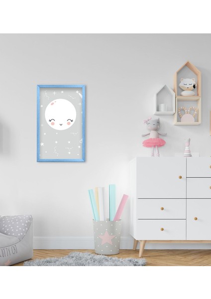 Gift Sevimli Ay Tasarımlı Dekoratif Mavi Ahşap Çerçeveli Çocuk Odası Tablo-1