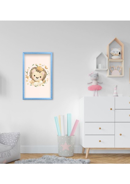 Gift Sevimli Aslan Tasarımlı Dekoratif Mavi Ahşap Çerçeveli Çocuk Odası Tablo-3