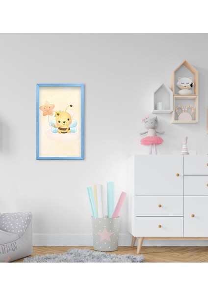 Gift Sevimli Arı Tasarımlı Dekoratif Mavi Ahşap Çerçeveli Çocuk Odası Tablo-3