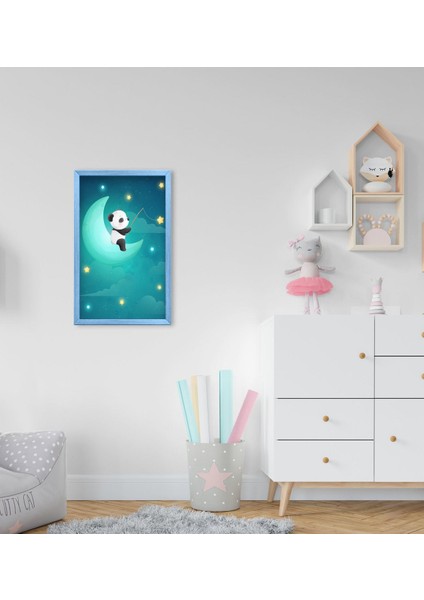 Gift Panda Tasarımlı Dekoratif Mavi Ahşap Çerçeveli Çocuk Odası Tablo-1