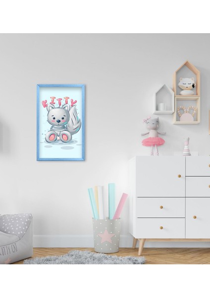 Gift Kitty Tasarımlı Dekoratif Mavi Ahşap Çerçeveli Çocuk Odası Tablo-1
