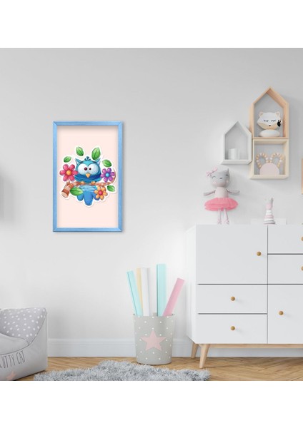 Gift Baykuş Tasarımlı Dekoratif Mavi Ahşap Çerçeveli Çocuk Odası Tablo-2