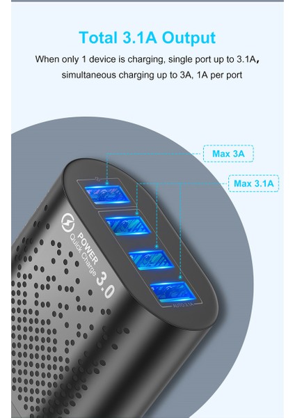 48 W 3 Amper 4 USB Portlu Hızlı Şarj Cihaz - Çoklu Şarj