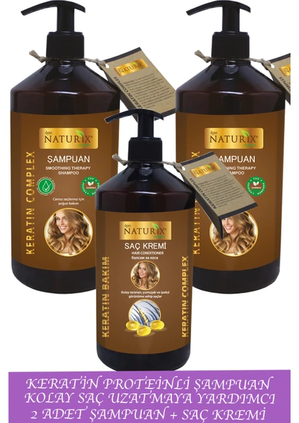 Bitkisel Onarıcı Keratin Şampuan 2 Adet 600 ml Keratin Şampuan + 500 ml Keratin Saç Kremi