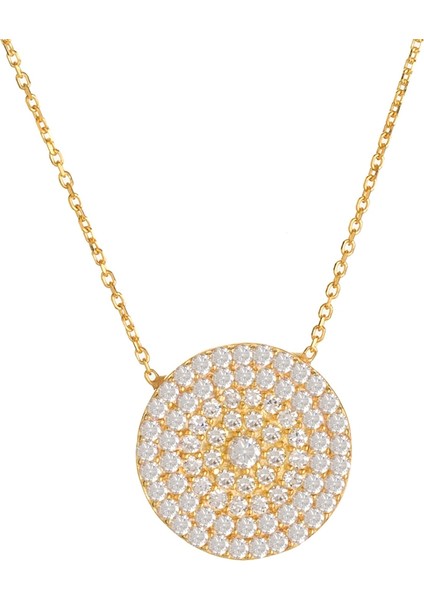 Zirkon Taşlı Pırlanta Montür Altın Kaplama 16.50 mm Yuvarlak Gümüş Kolye