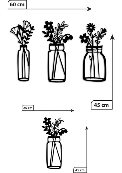 3lü Vazo Lazer Kesim Dekoratif Ahşap Duvar Dekoru
