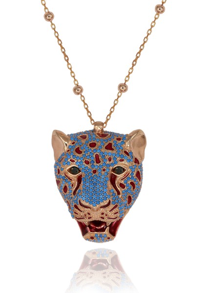 Turkuaz Taşlı Mineli 3 Boyutlu Kaplan Gümüş Kolye