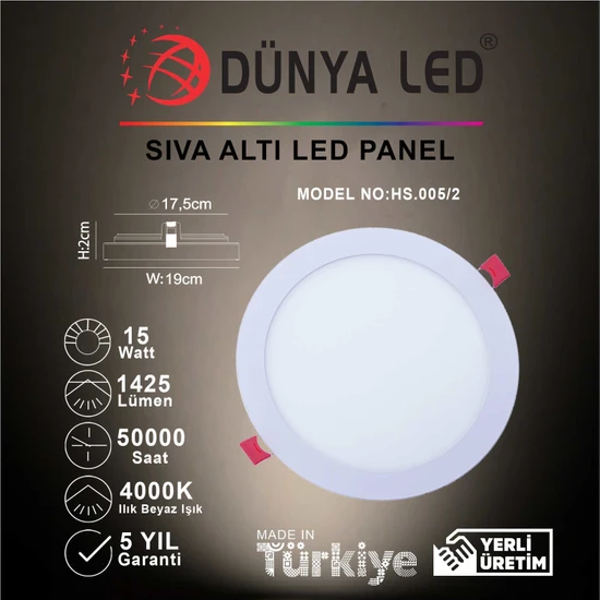 Dünya LED HS.005/2 15W Sıva Altı LED Panel 4000K Ilık Beyaz Işık