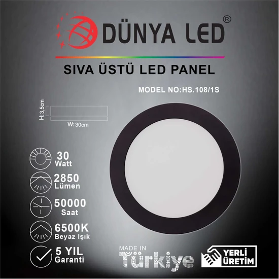 Dünya LED HS.108/1S 30W Sıva Üstü Siyah LED Panel Yuvarlak 6500K Beyaz Işık