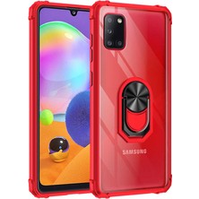 Case 4U Samsung Galaxy A31 Uyumlu Kılıf Armor Serisi Manyetik Yüzüklü Renkli Köşe Korumalı Şeffaf Silikon Mola Kırmızı