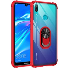 Case 4U Huawei Y7 Prime 2019 Kılıf Armor Serisi Manyetik Yüzüklü Renkli Köşe Korumalı Şeffaf Silikon Mola Kırmızı