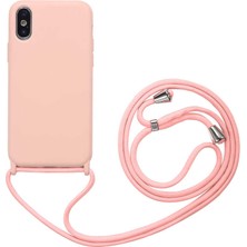 Case 4U Apple iPhone XS 6.5 Kılıf Boyuna Askılı İpli Mat Silikon Ropi Arka Kapak Pembe