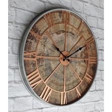 Markakanvas Gri Metal Kasalı Eski Dünya Haritalı Duvar Saati (Çap 50 cm - 80 cm )