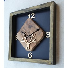 Markakanvas Doğal Masif Eskitme Ahşap Çerçeveli  Ceviz Ağacı Kare Duvar  Masa Saati 30 x 30  cm