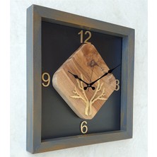 Markakanvas Doğal Masif Eskitme Ahşap Çerçeveli  Ceviz Ağacı Kare Duvar  Masa Saati 30 x 30  cm