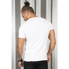 Deepsea Beyaz V Yakalı Likralı Dar Kesim Erkek Tshirt 1801165