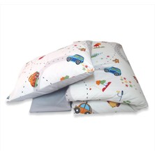 Bebek Özel Pamuk Bebek/Çocuk Yastık Çarşaf Yorgan Seti Arabalı Desen/Düz Gri