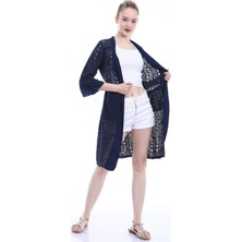 Luisido Lacivert Çiçek Işlemeli Dantelli Kimono&kaftan