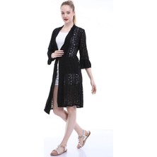 Luisido Siyah Çiçek Işlemeli Dantelli Kimono&kaftan