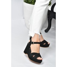 Fox Shoes Siyah Süet Kadın Dolgu Topuklu Ayakkabı K250909002