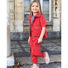 Quzucuk Kids Kız Çocuk Cep Detaylı Kırmızı Ceketli Takım