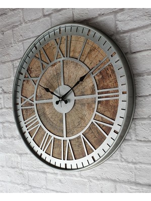 Markakanvas Gri Metal Kasalı Eski Dünya Haritalı Duvar Saati (Çap 50 cm - 80 cm )