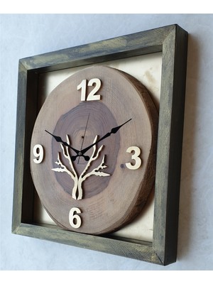 Markakanvas Kare Doğal Masif Ahşap Ceviz Ağacı  Altın Gold Rakam Renkli  Duvar  Masa Saati 30 x 30  cm