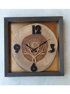 Markakanvas Doğal Masif Eskitme Ahşap Çerçeveli  Ceviz Ağacı Kare Duvar  Masa Saati 30 x 30  cm